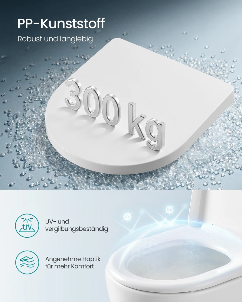 Koduva D formos tualeto sėdynė su lėto nusileidimo funkcija, PP plastikas, balta, 42,5 x 36,8 cm