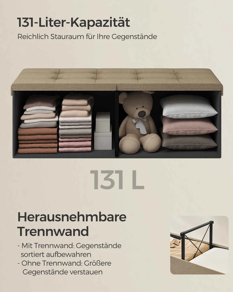 Songmics Daiktadėžė-soliukas su laikymo vieta, 38 x 110 x 38 cm, kamelės ruda, 131 l