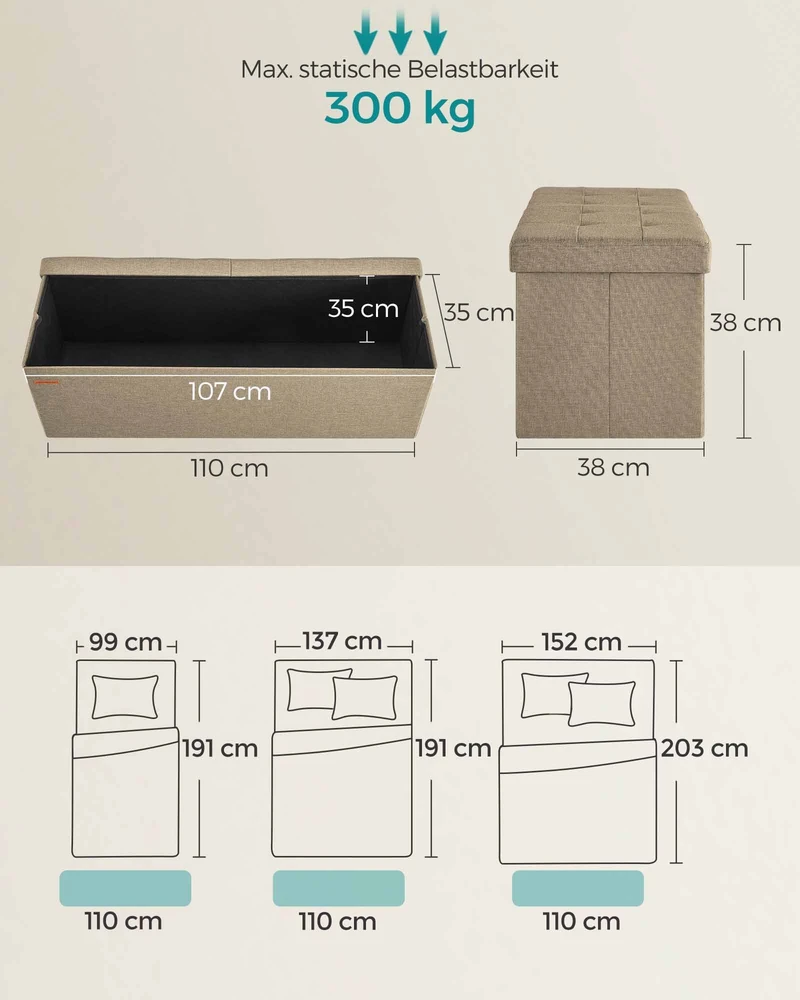 Songmics Daiktadėžė-soliukas su laikymo vieta, 38 x 110 x 38 cm, kamelės ruda, 131 l
