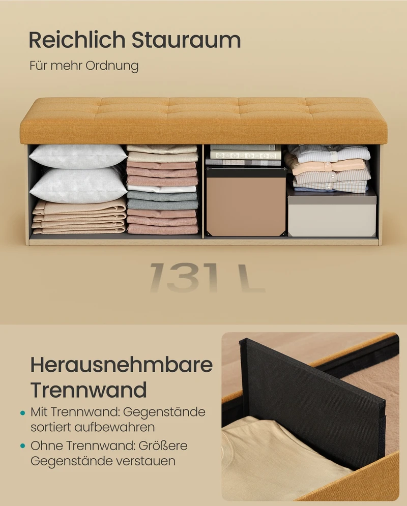 Songmics Daiktadėžė su sėdimąja vieta, 38 x 110 x 38 cm, imbiero geltonos spalvos, 131 l