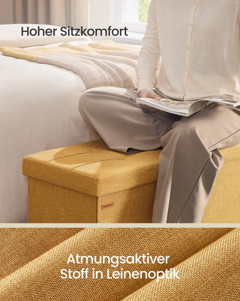 Songmics Daiktadėžė su sėdimąja vieta, 38 x 110 x 38 cm, imbiero geltonos spalvos, 131 l