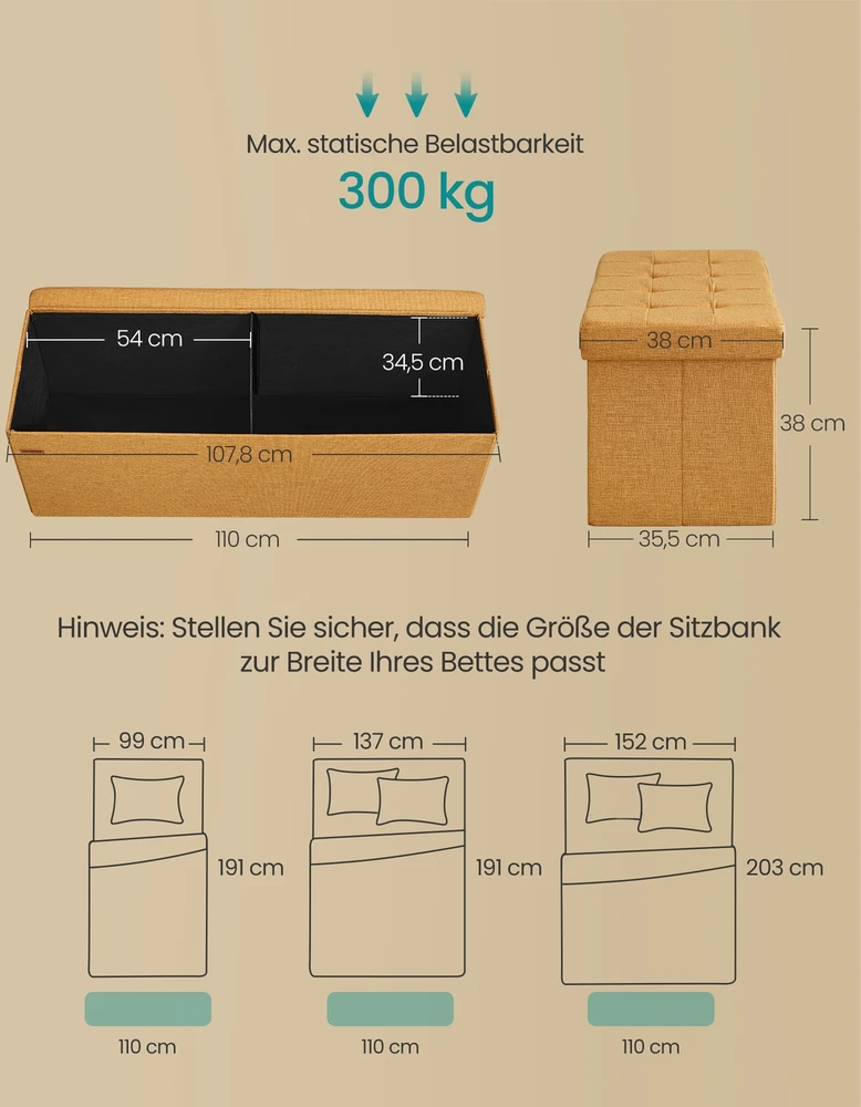 Songmics Daiktadėžė su sėdimąja vieta, 38 x 110 x 38 cm, imbiero geltonos spalvos, 131 l