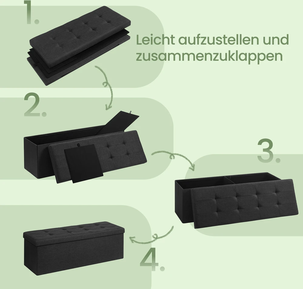 Songmics Daiktadėžė-suoliukas, juoda, iš lino imitacijos, MDF, 110 x 38 x 38 cm, iki 300 kg