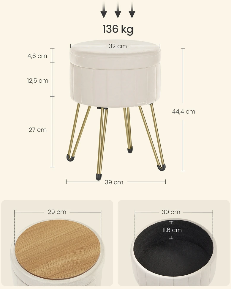 Koduva Daiktadėžė taburetė su laikymo vieta, apvali, kreminės baltos spalvos, 39 cm skersmens, 44,4 cm aukščio