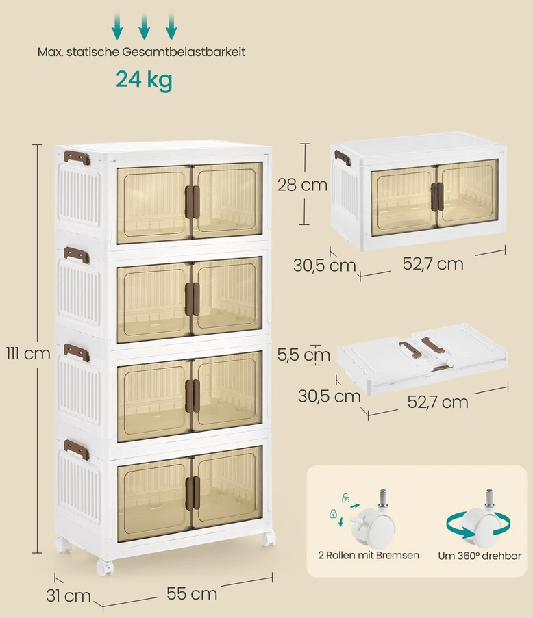 Koduva Daiktadėžės su 4 lygiais ir dangčiu, baltos, PP plastikas, 31 x 55 x 111 cm