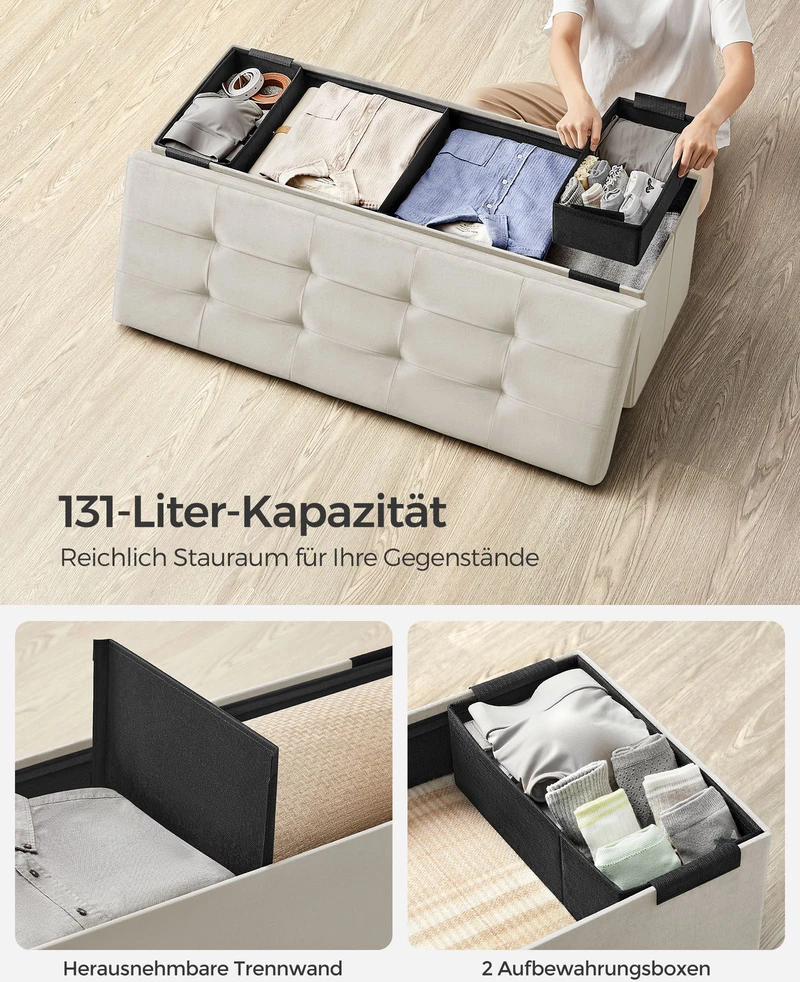 Koduva Daiktadėžės suolas iš aksomo, kreminės baltos spalvos, 38 x 110 x 38 cm, 131 l