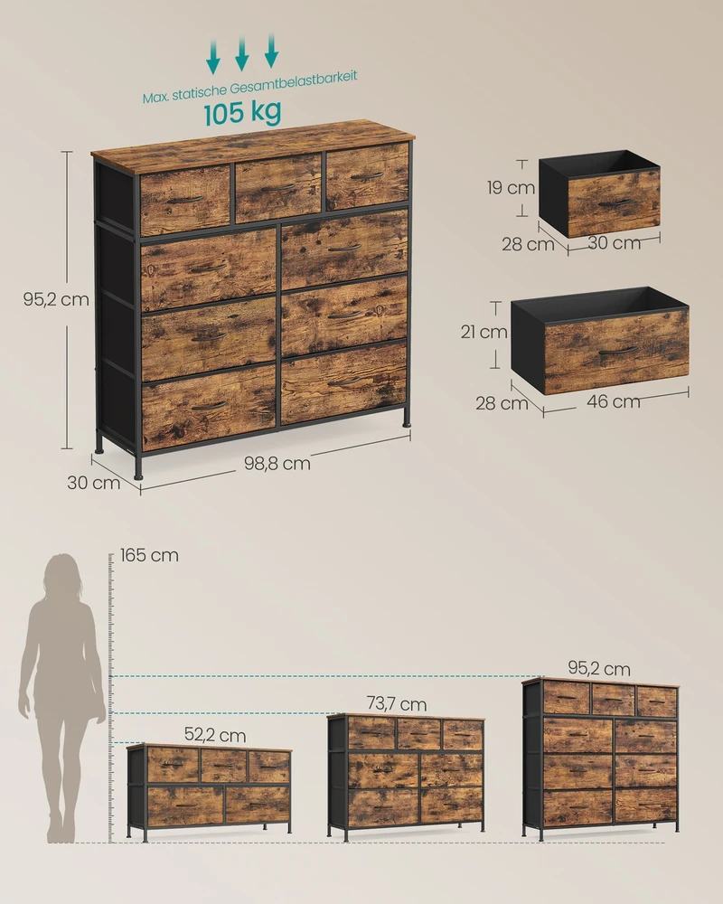 Koduva Daiktų laikymo spintelė su medžiaginiais stalčiais, 30 x 98,8 x 95,2 cm, ruda, juoda