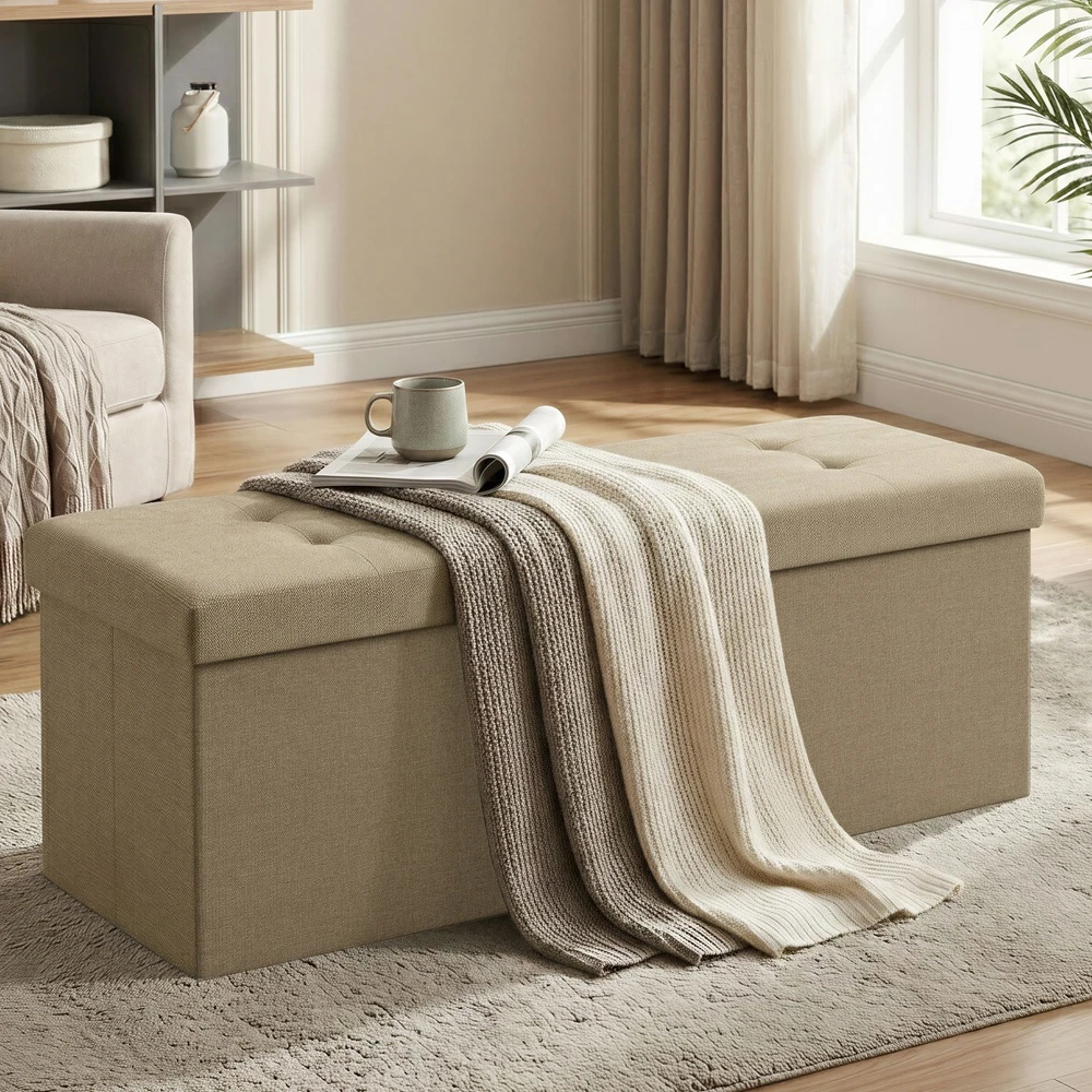 Songmics Daiktų laikymo suolas, sulankstoma sėdimoji skrynia, 38 x 110 x 38 cm, 131 l, camel ruda