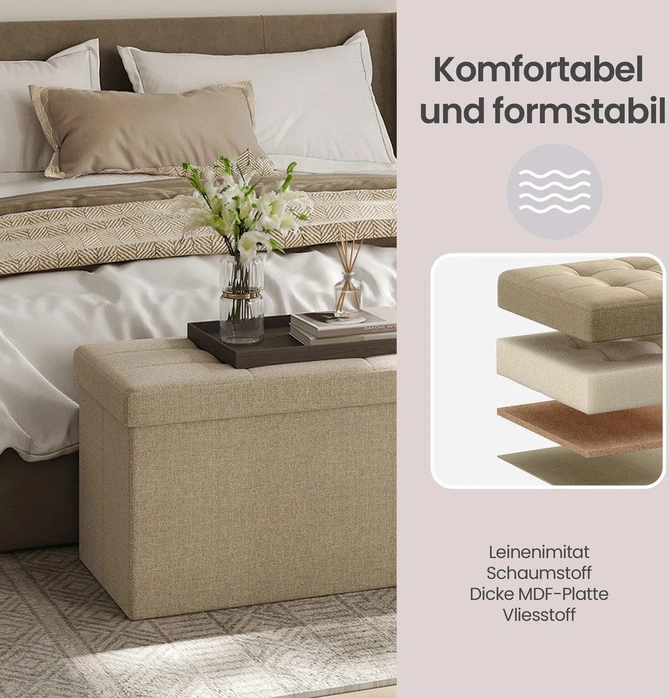 Songmics Daiktų laikymo suolas, sulankstoma sėdimoji skrynia, 38 x 110 x 38 cm, 131 l, camel ruda