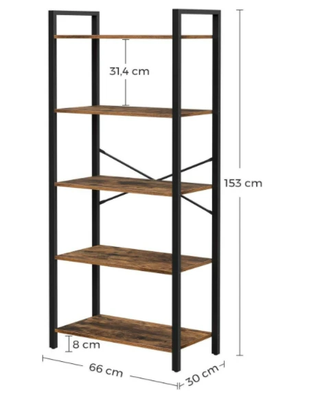 Songmics Daiktų lentyna su 5 lentynomis, 66 x 30 x 153 cm, medžio drožlių plokštė ir plienas, ruda-juoda