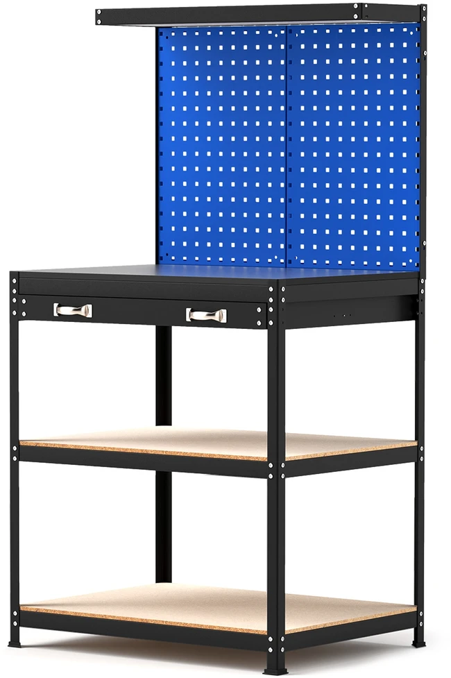 Promotion Darbo stalas su perforuota plokšte, stalčiumi ir lentynomis, 81 x 41 cm, mėlynas / juodas