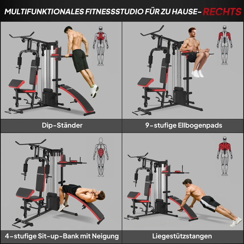 Aosom Daugiafunkcė treniruoklių stotis su 65 kg svorių bloku, reguliuojama, namų treniruotėms, plienas, juoda