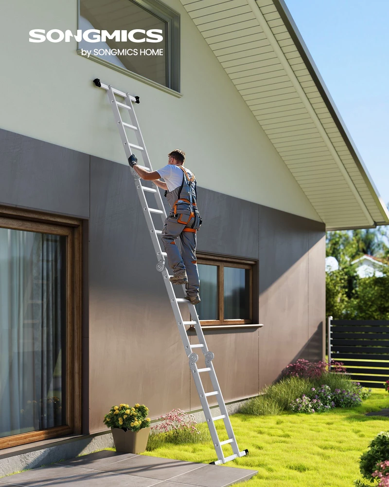 Songmics Daugiafunkcės kopėčios, 16 pakopų, aliuminės, sidabrinės, 430,7 cm, apkrova iki 150 kg