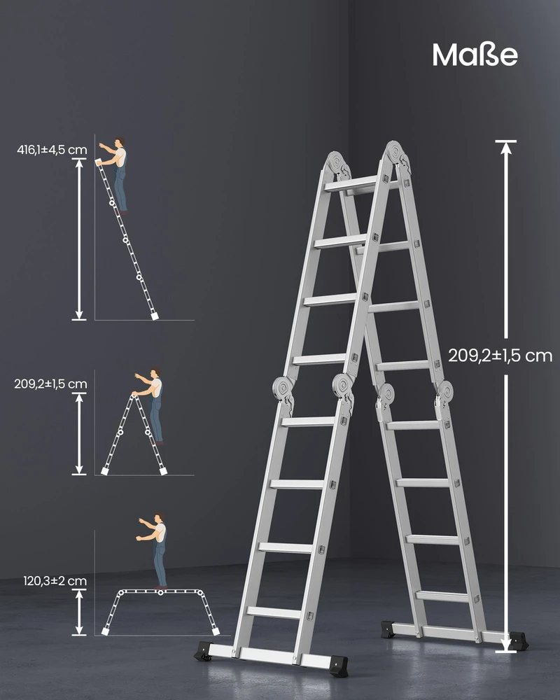 Songmics Daugiafunkcės kopėčios, 16 pakopų, aliuminės, sidabrinės, 430,7 cm, apkrova iki 150 kg