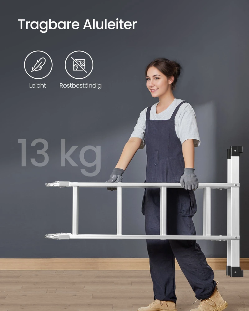 Songmics Daugiafunkcės kopėčios, 16 pakopų, aliuminės, sidabrinės, 430,7 cm, apkrova iki 150 kg