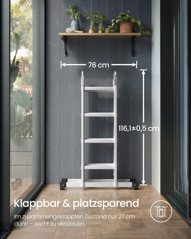 Songmics Daugiafunkcės kopėčios, 16 pakopų, aliuminės, sidabrinės, 430,7 cm, apkrova iki 150 kg