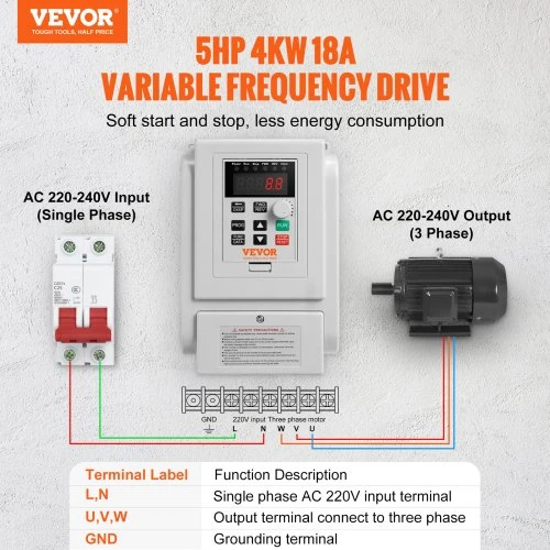 Koduva Dažnio keitiklis VEVOR AT1-4000X, 4 kW, 18 A, 3,73 kW, AC 220-240 V