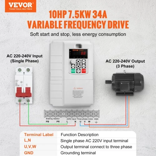 VEVOR Dažnio keitiklis AT1-7500X, 7.5 kW, 34 A, 7,46 kW, 220-240 V