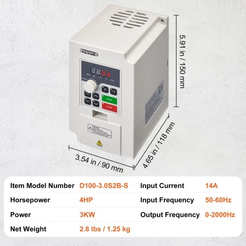 VEVOR Dažnio keitiklis D100-3.0S2B-S, 3 kW, 14 A, AC 220 V