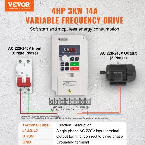 VEVOR Dažnio keitiklis D100-3.0S2B-S, 3 kW, 14 A, AC 220 V