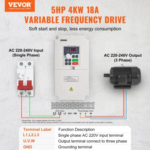 VEVOR Dažnio keitiklis D100-4.0S2B-S, 4 kW, 18 A, AC 220 V, 22 x 11,8 x 14,8 cm