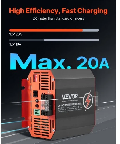 VEVOR DC į DC akumuliatoriaus įkroviklis SDC-20A, 12 V, 20 A, 250 W