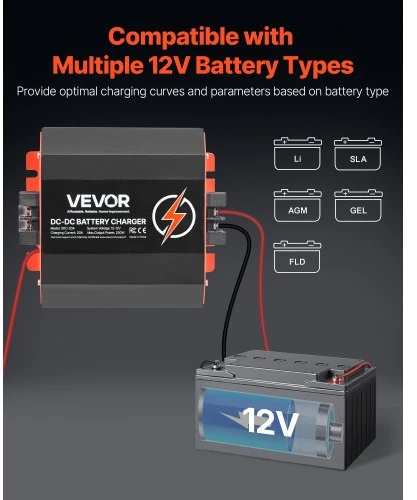 VEVOR DC į DC akumuliatoriaus įkroviklis SDC-20A, 12 V, 20 A, 250 W