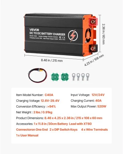 VEVOR DC į DC akumuliatorių įkroviklis C40A, 520 W, 40 A, 12V/24V