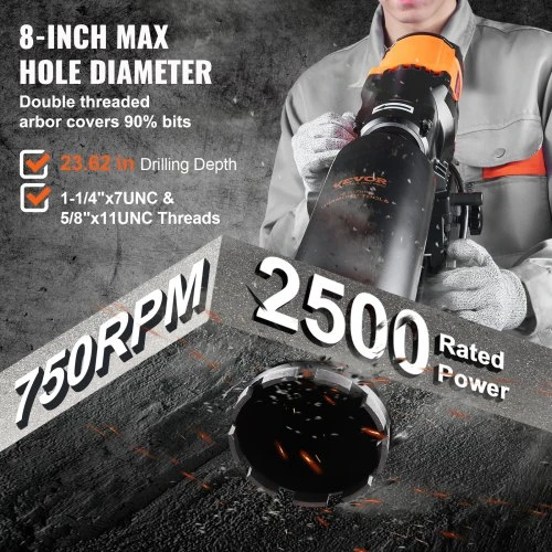 Koduva Deimantinė gręžimo mašina VEVOR, šlapiam ir sausam gręžimui, 3200 W, 750 RPM, iki 20 cm