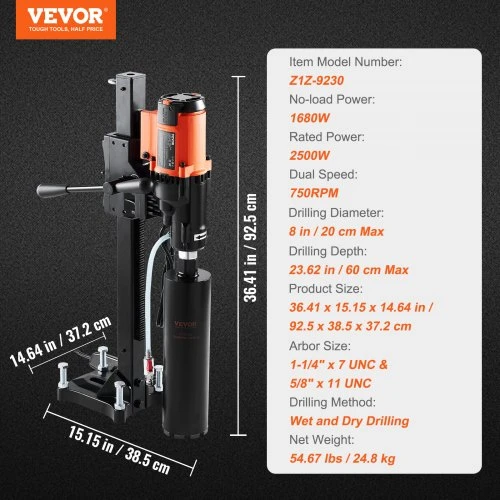 Koduva Deimantinė gręžimo mašina VEVOR, šlapiam ir sausam gręžimui, 3200 W, 750 RPM, iki 20 cm