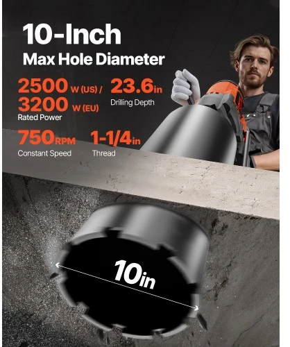 Koduva Deimantinė gręžimo mašina VEVOR Z1Z-9260 su stovu ir ratukais, 3200 W, 750 RPM, maks. gręžimo skersmuo 26 cm