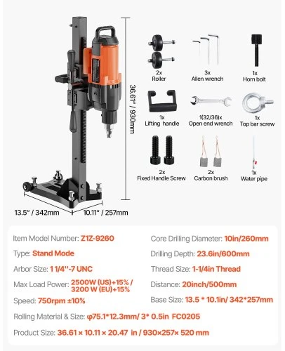 Koduva Deimantinė gręžimo mašina VEVOR Z1Z-9260 su stovu ir ratukais, 3200 W, 750 RPM, maks. gręžimo skersmuo 26 cm
