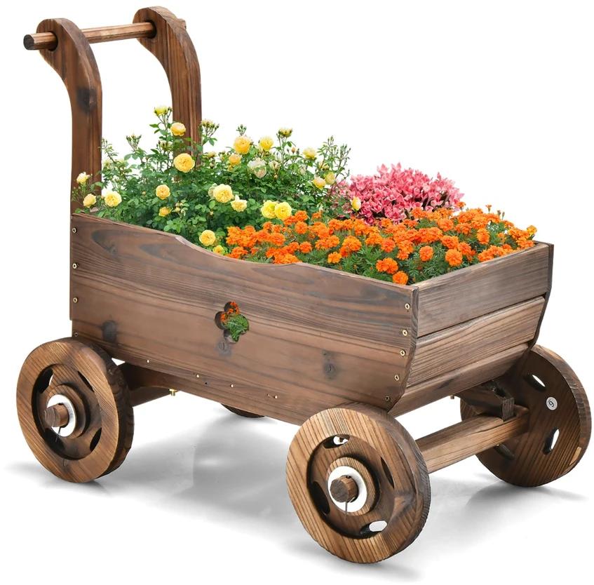 Promotion Dekoratyvinis medinis vežimėlis su rankena ir ratukais, rustic ruda