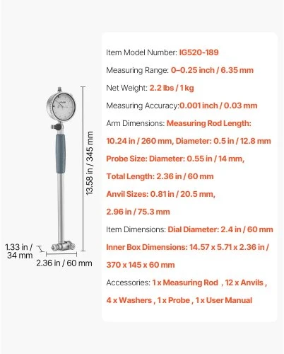 Koduva Dialinis indikatorius ir cilindrų matuoklio rinkinys VEVOR IG520-210, 50,8-152,4 mm, tikslumas 0,03 mm