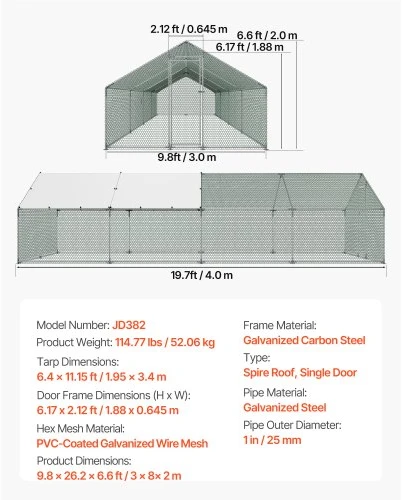 VEVOR Didelė metalinė vištidė JD382, 3 x 8 x 2 m