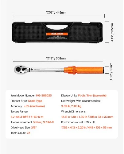 Koduva Dinamometrinio rakto rinkinys VEVOR HG-386025, 10 mm pavara, 5-60 N·m, oranžinis