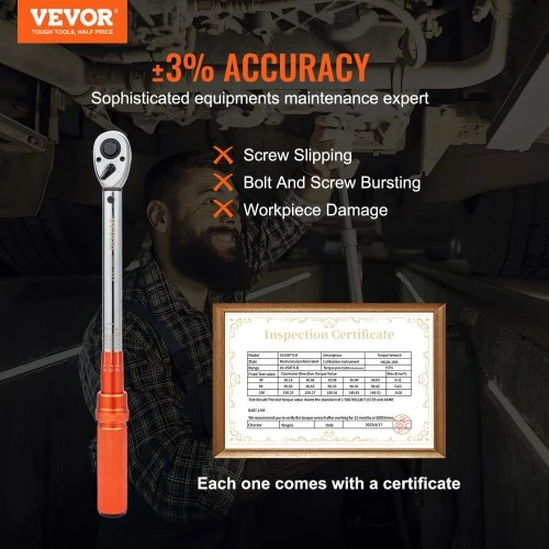 VEVOR Dinamometrinis raktas 24608,1 N·m, 12,7 mm inčio pavara, 14-204 Nm, su adapteriais ir ilginamuoju strypu