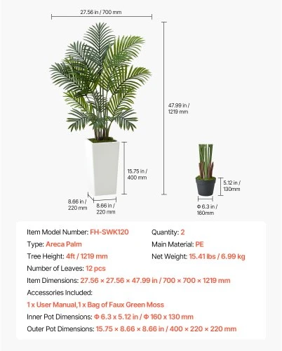 VEVOR Dirbtinė arekos palmė, 2 vnt., 122 cm, žalia, su baltu vazonu