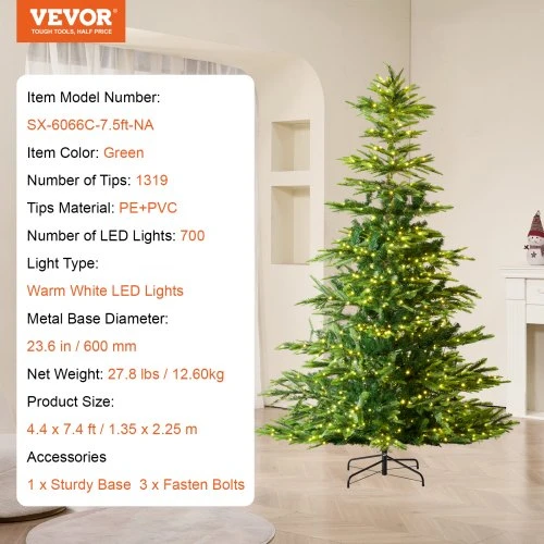 Koduva Dirbtinė kalėdinė eglutė su LED apšvietimu VEVOR, žalia, 225 cm, 700 šiltai baltų LED