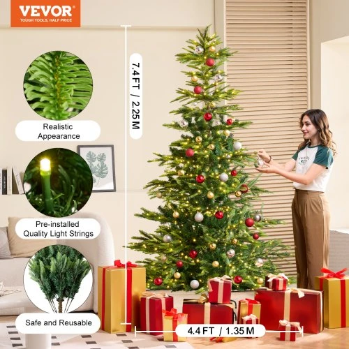 Koduva Dirbtinė kalėdinė eglutė su LED apšvietimu VEVOR, žalia, 225 cm, 700 šiltai baltų LED