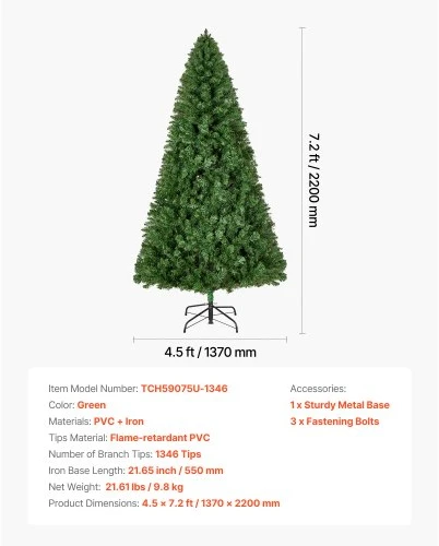 Koduva Dirbtinė kalėdinė eglutė VEVOR, žalia, 220 cm, 1346 šakelių galiukai
