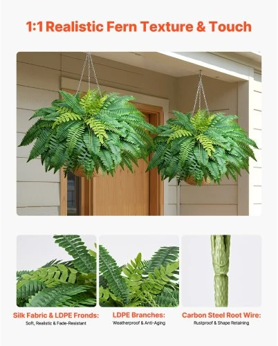 VEVOR Dirbtiniai paparčiai Boston fern, žali, šilkas ir LDPE, skersmuo 114 cm, 2 vnt.