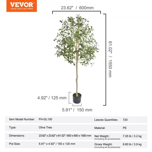 Koduva Dirbtinis alyvmedis VEVOR FH-GL150 vazone, žalias, PE, 155 cm