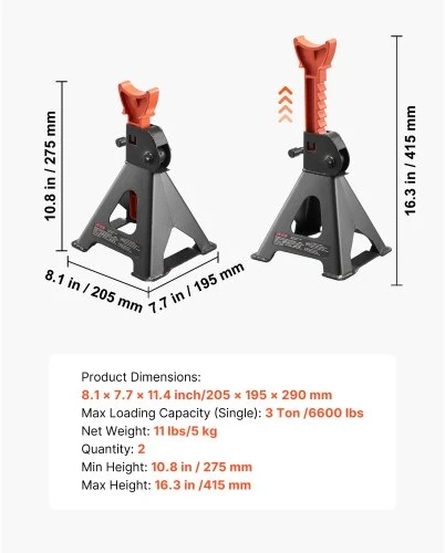 VEVOR Domkratų stovai, 3 t vienam stovui, reguliuojamas aukštis 27,5-41,5 cm, 1 pora, juodi ir oranžiniai