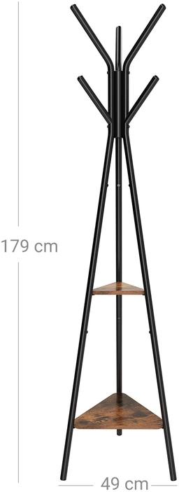 Koduva Drabužių kabykla medžio formos, 49 x 179 x 49 cm, su 6 kabliukais ir 2 lentynomis, vintažinė ruda-juoda