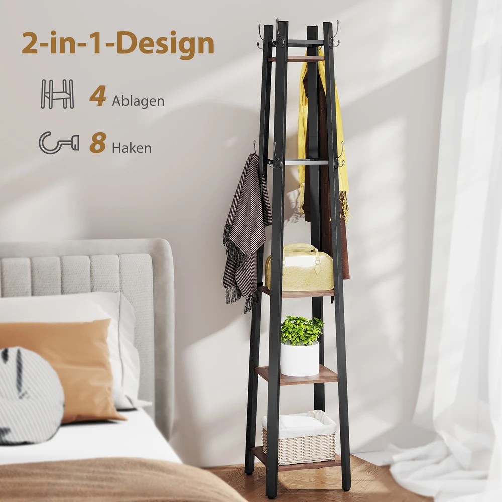 Aosom Drabužių kabykla su 4 pakopomis, 8 kabliai, 4 lentynos, ruda, metalo ir medžio drožlių plokštė, 34,8 x 34,8 x 179 cm