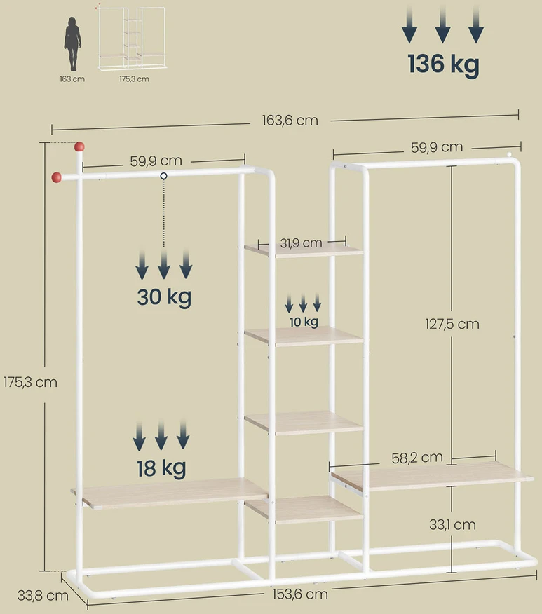 Koduva Drabužių kabykla su 6 lentynomis ir 2 kabinimo strypais, plienas ir medžio drožlių plokštė, natūrali smėlio ir matinė balta