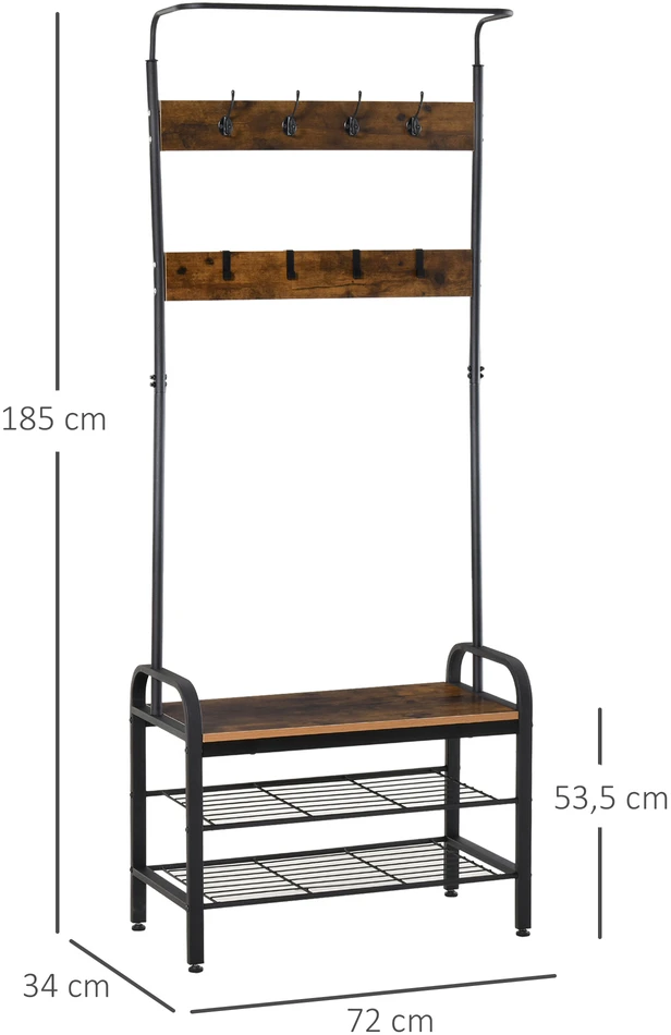 Aosom Drabužių kabykla su batų lentyna, 8 kabliukai, 2 lentynos, MDF, juoda, 72 x 34 x 185 cm