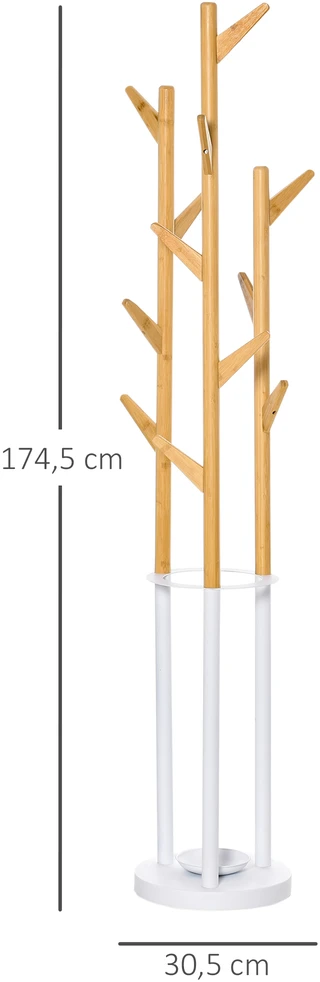 Aosom Drabužių kabykla su skėčių stovu, bambukas ir metalas, natūrali/balta, 30,5 x 30,5 x 174,5 cm