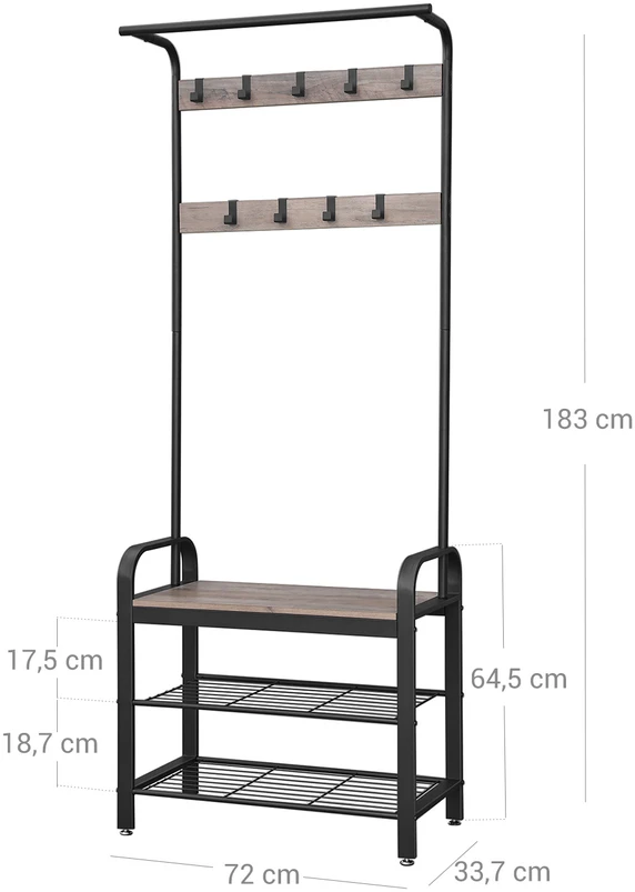 Koduva Drabužių kabykla su suoliuku, 72 x 33,7 x 183 cm, medžio drožlių plokštė ir plienas, pilkai ruda-juoda